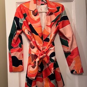 Colorful Abstract Print Belted Blazer